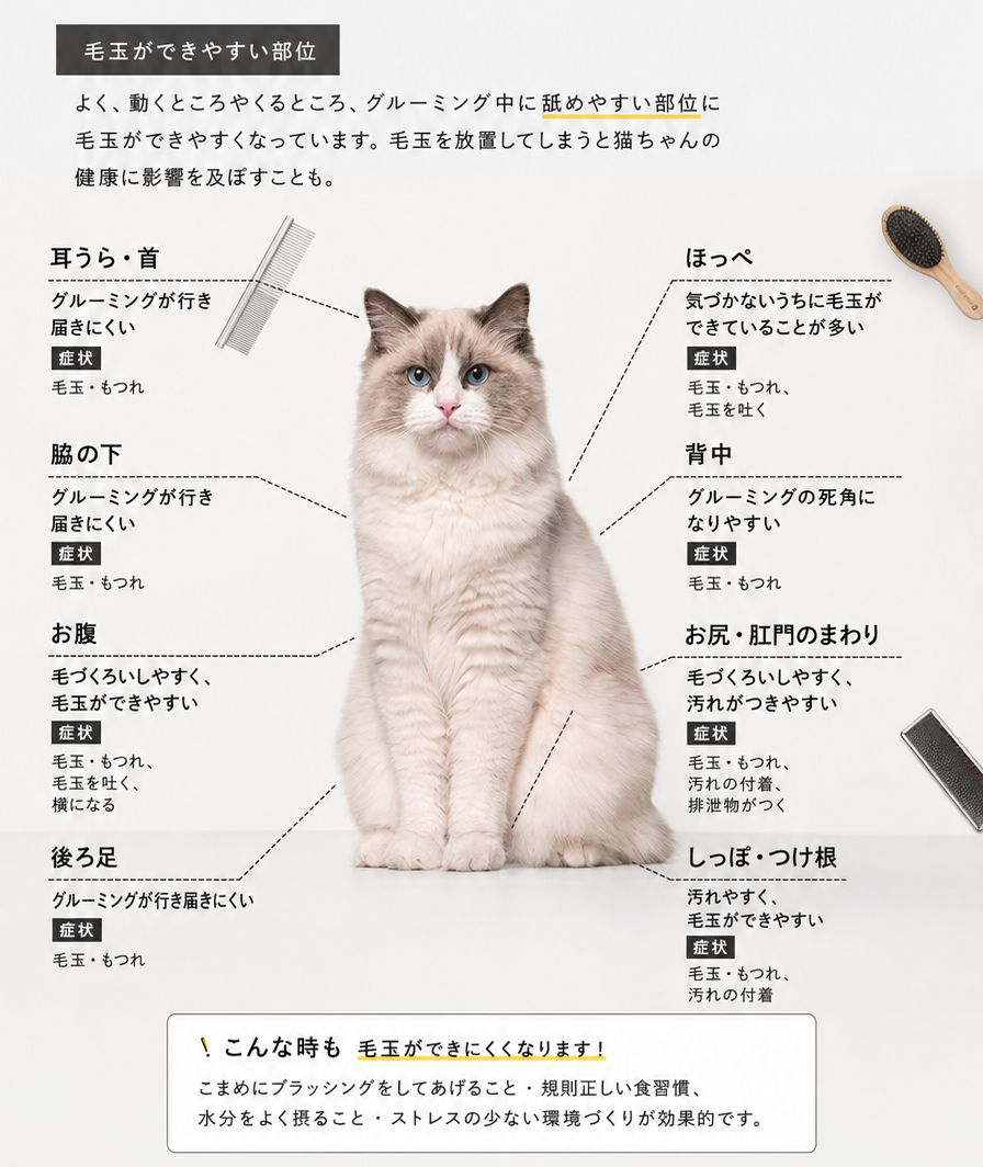 毛玉ができやすい部位（耳うら・脇の下・お腹・後ろあし・ほっぺ・背中・お尻肛門の周り・しっぽ）