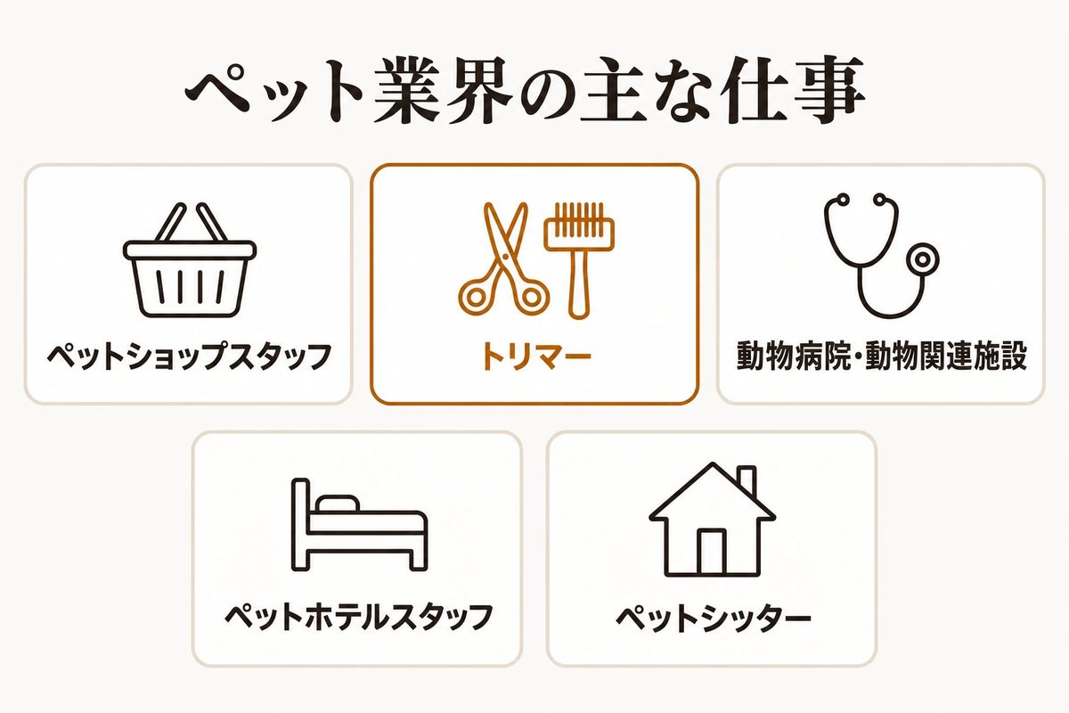ペット業界の主な仕事：ペットショップスタッフ、トリマー、動物病院・動物関連施設、ペットホテルスタッフ、ペットシッター