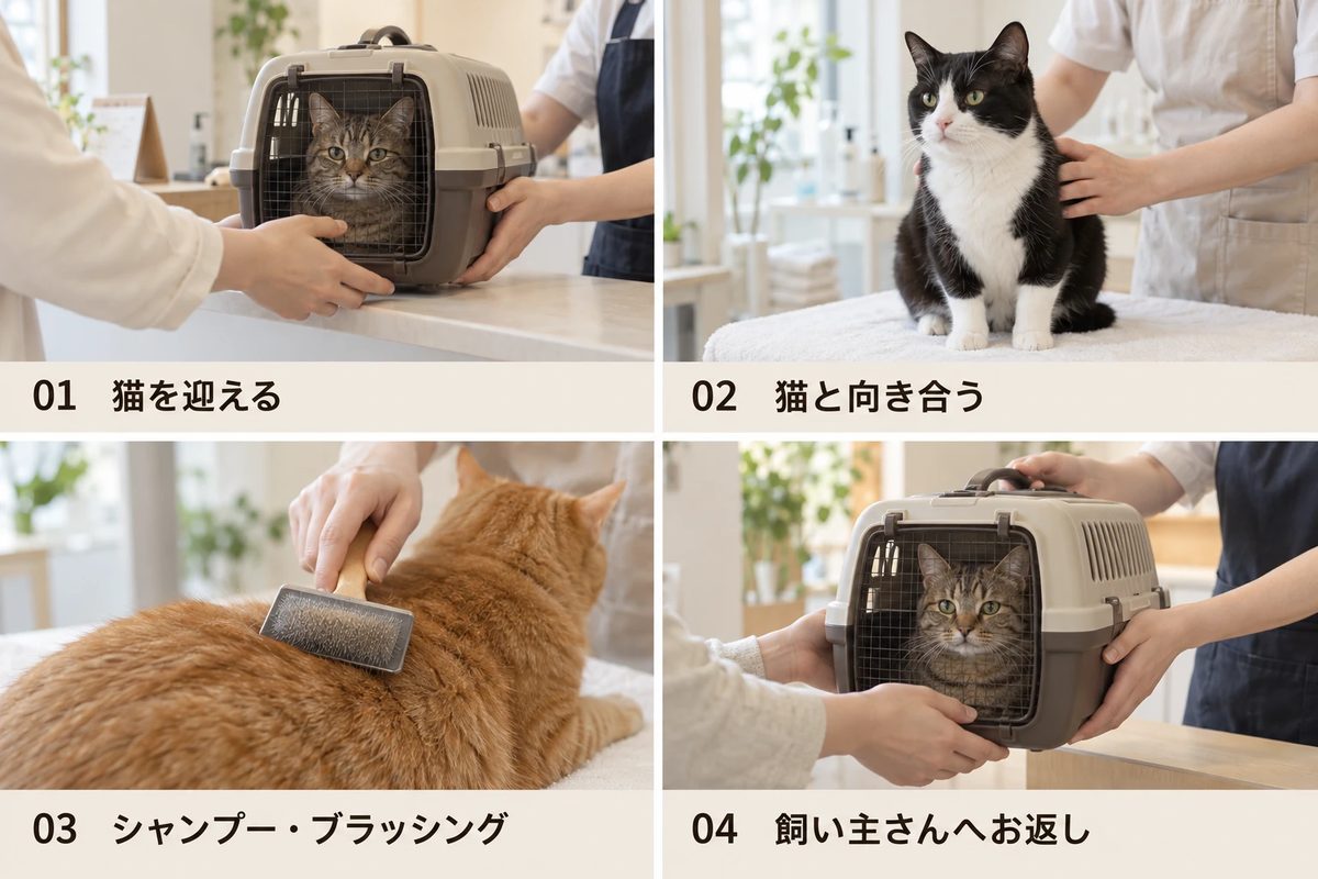 猫専門トリマーの1日：猫を迎える、猫と向き合う、シャンプー・ブラッシング、飼い主さんへお返し