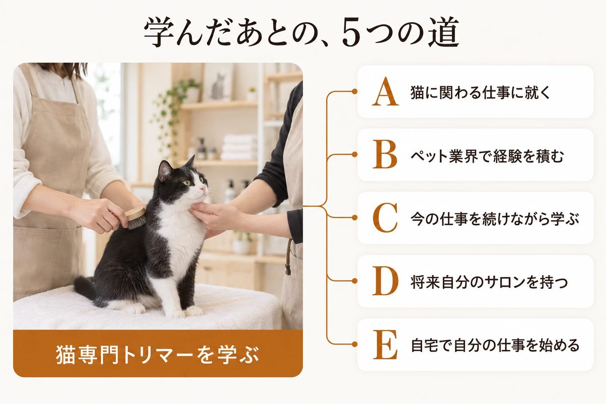 学んだあとの5つの道：A 猫に関わる仕事に就く、B ペット業界で経験を積む、C 今の仕事を続けながら学ぶ、D 将来自分のサロンを持つ、E 自宅で自分の仕事を始める